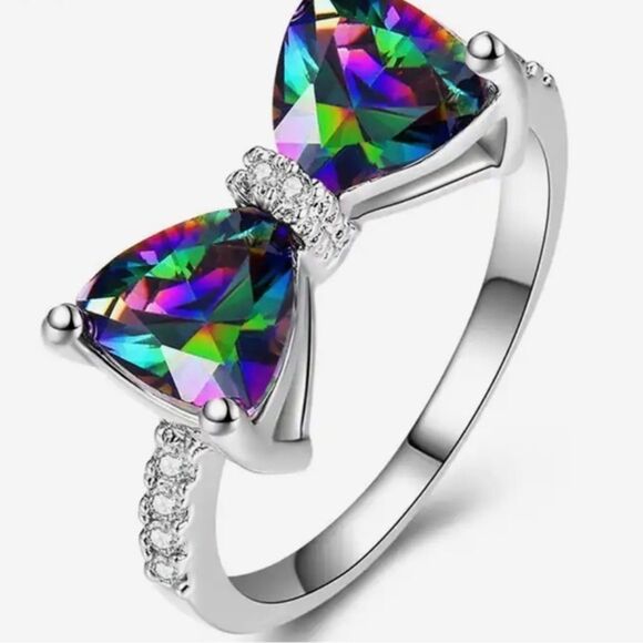 🌟SET!  925 Rainbow Diamond CZ Bowknot Ring & Matching Earrings New Gift Box - Picture 4 of 7